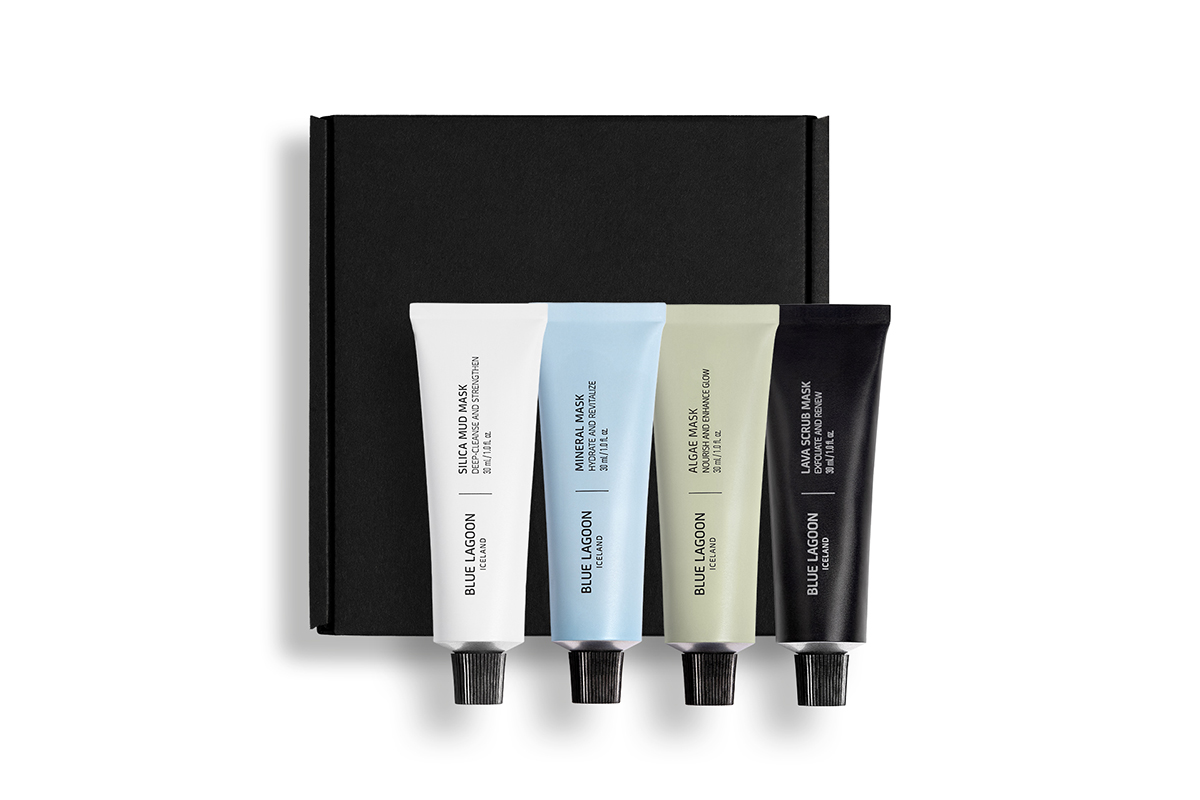 Blue Lagoon Iceland Signature Masks Travel Set containing four face treatments: Silica Mud Mask, Mineral Mask, Lava Scrub Mask, and Algae Mask.