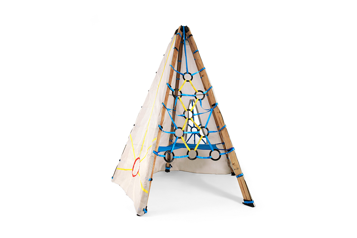 Bijou Build collapsible play structure. The Mainstay Duo Rambler version features two tepee-like structures that can house a swing or lounge pillows with ropes for climbing. Solar-powered LED lights. 