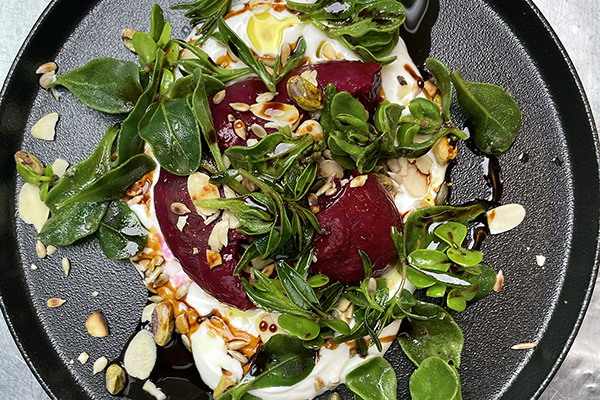 A close-up view of a colorful dish made with a variety of fresh vegetables and herbs. The dish contains a mixture of red and golden beetroot, green spinach leaves, and small succulent plants known as spekboom. 